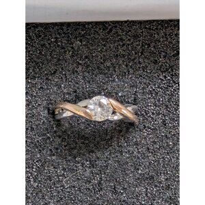 Silver & Gold Twist Engagement Ring With Clear Round CZ Size 7.5